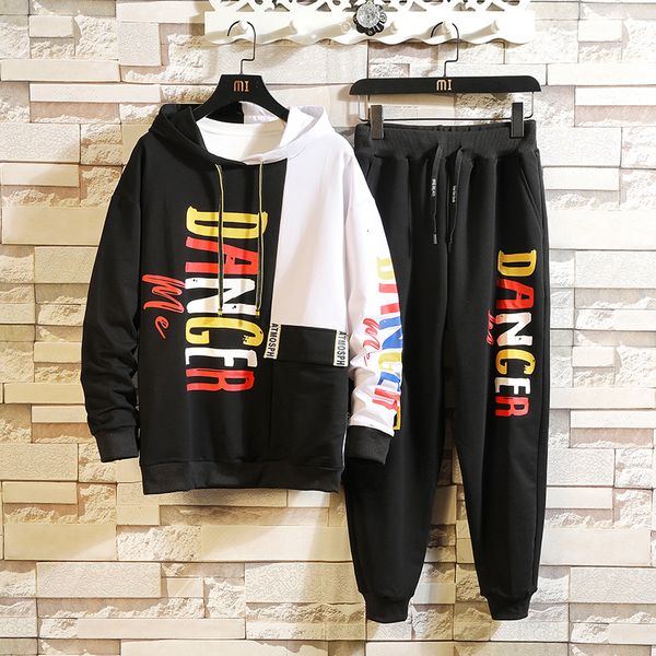 

2021 new men fashion autumn spring patchwork pullover jacket sporting suit hoodies+sweatpants 2 pieces sets loose tracksuit clothes o6y6, Black