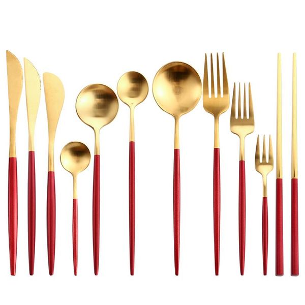 

4pcs red gold cutlery set stainless steel food tableware set home steak knife fork coffee spoon teaspoon upscale dinner bbydvq