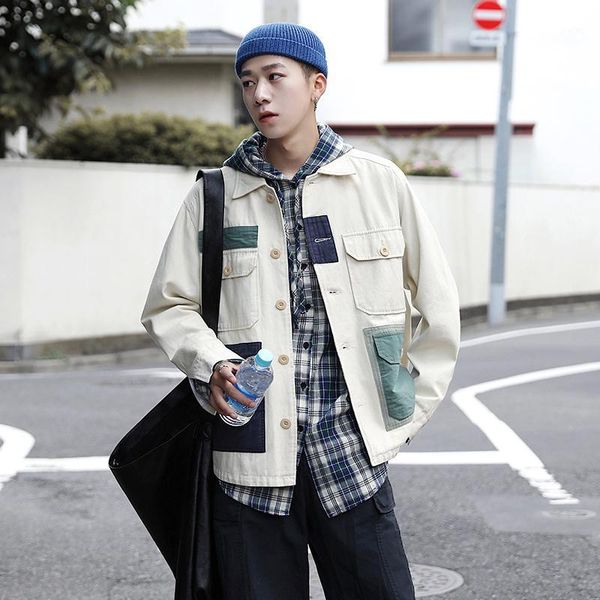 

autumn new tooling jacket men fashion contrast color casual multi-pocket jacket man streetwear wild hip-hop loose bomber1, Black;brown