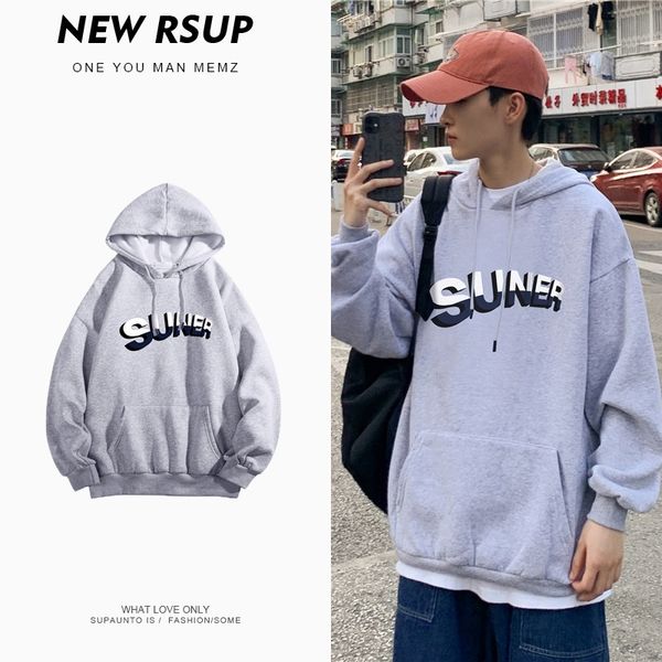 

fashion brand ins printed plush hooded sweater men's korean version winter trend loose couple's versatile bf fashion clothes, Black