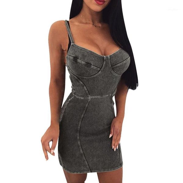 

fashion women denim bodycon dress sleeveless v neck backless spaghetti shoulder strap pencil dress party slim casual mini1, Black;gray