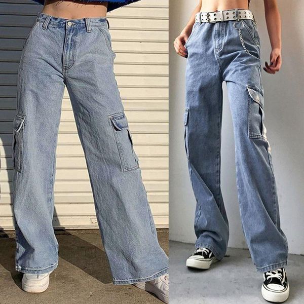 

women high waist baggy straight jean pocket patchwork denim wide leg cargo pants e56b, Blue