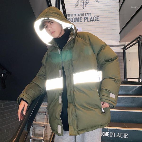 

reflective article puffer jackets for men winter 2020 fashion trend padded clothing with hood teens oversized hip hop streetwear1, Black