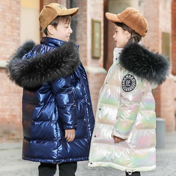 

-30 children winter down jacket girl clothes warm waterproof hooded long coat kid clothing outwear boy snow parka real fur 5-16y, Blue;gray
