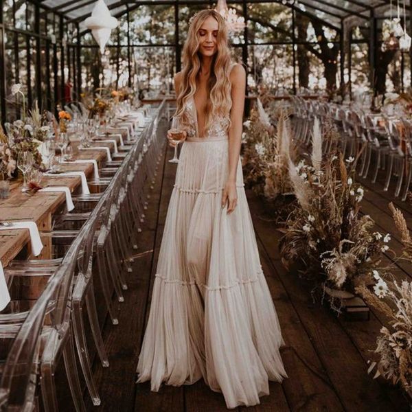 

wedding dress hollow lace long maxi dressed chiffon v neck backless party beach weddings gown vestido de fiesta de boda, White