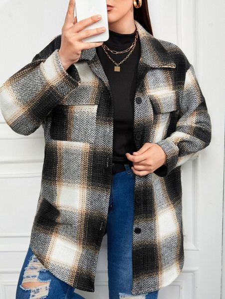 

plus plaid flap pocket drop shoulder overcoat 61hr#, Black