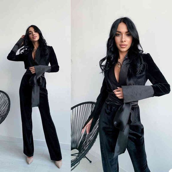 

women's two piece pants fashion elegant velvet women blazer custom made designed lace up suits patchwork office lady chic daily casual, White