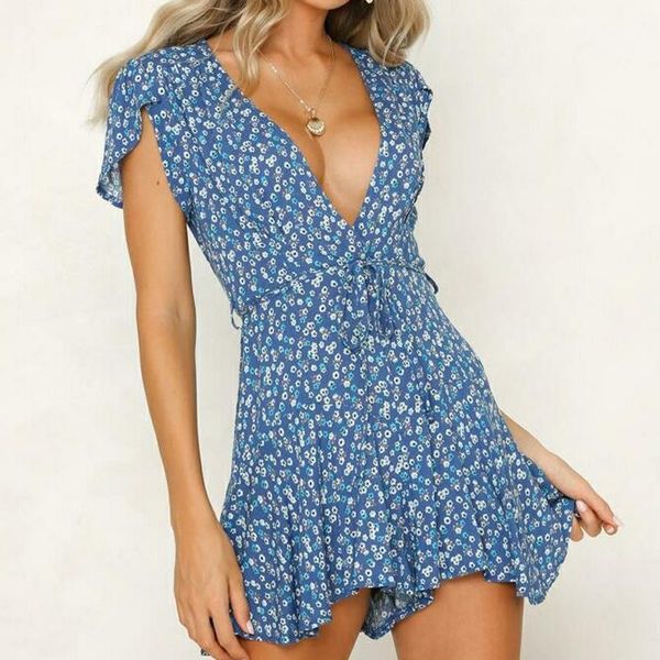 

summer women's jumpsuit casual flower print v-neck jumpsuit1, Black;white