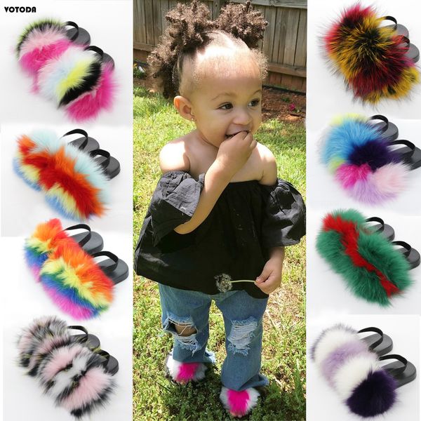 

kids fur slides elastic strap flat slippers children plush raccoon fur sandals casual indoor slippers girls fluffy furry shoes c1002