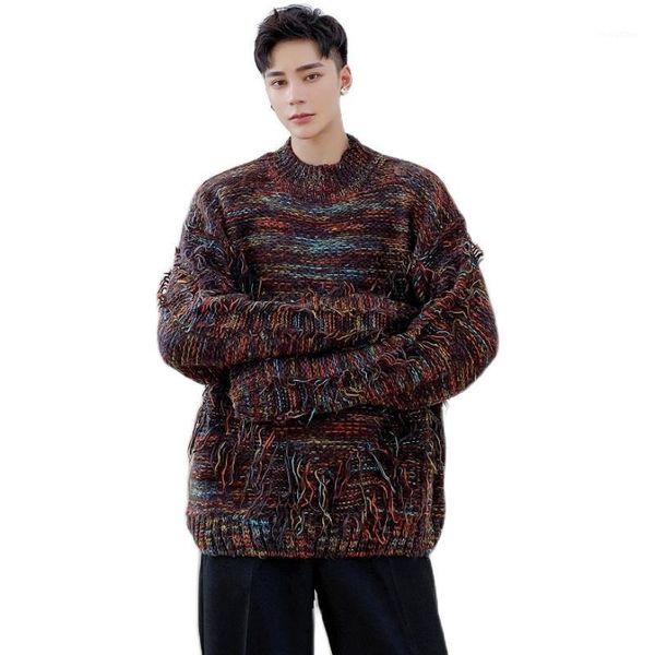 

male women streetwear vintage fashion loose sweater men thick knit thicken half turtleneck tassel pullover sweater1, White;black