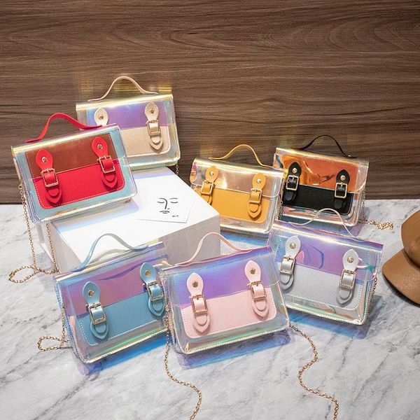 

2020 fashion women shiny pu leather pvc clear crossbody purse fashion holographic small shoulder messenger bag with chain strap