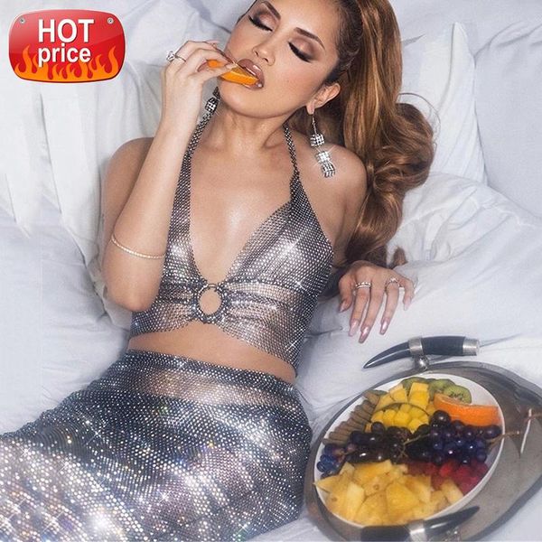 

see through camis halter shiny diamante metal round ring backless low cut crop party night club camisole for lady #xz3f, White