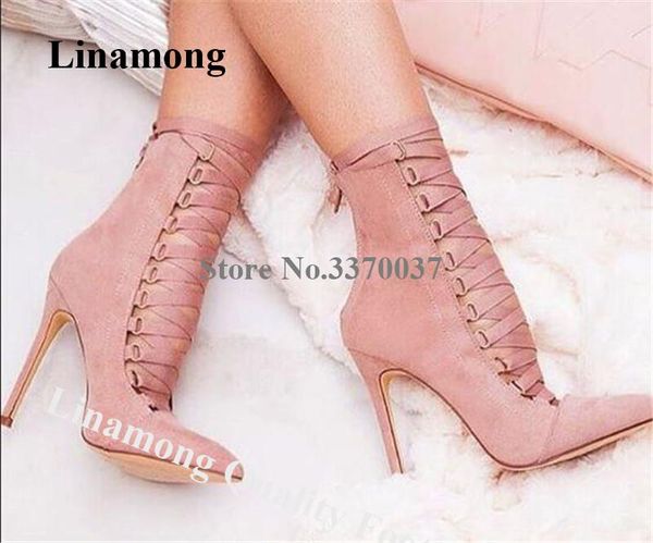 

linamong western fashion pointed toe suede leather stiletto heel short gladiator boots lace-up cut-out high heel ankle booties, Black