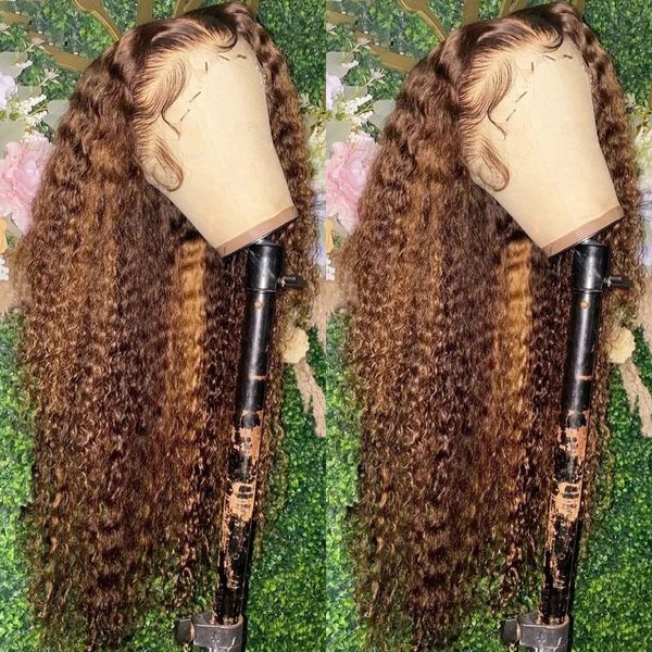 

highlight ombre lace frontal wig curly human hair wigs 4/27 colored 4x4 deep wave lace closure for black women 150%, Black;brown
