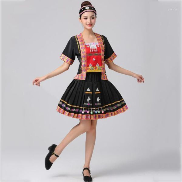 

chinese folk dance costume singer stage performance clothing embroidered hani ethnic minorities festival dance wear1, Black;red