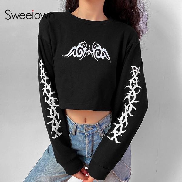 

sweetown casual sporty fashion sweatshirt women autumn long sleeve cropped pullover printed basic streetwear sweatshirts, Black