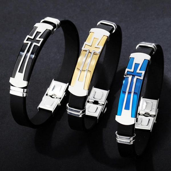 

classical men bracelets christian black silicone bracelet 3 colors stainless steel cross clasp wristband male jewelry accesories, Golden;silver