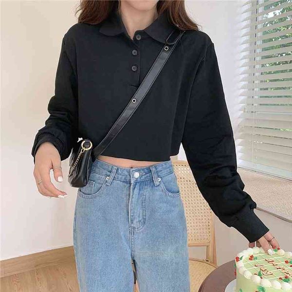 

womens crop sweatshirt long sleeve buttons collar solid hoodies pullover, Black