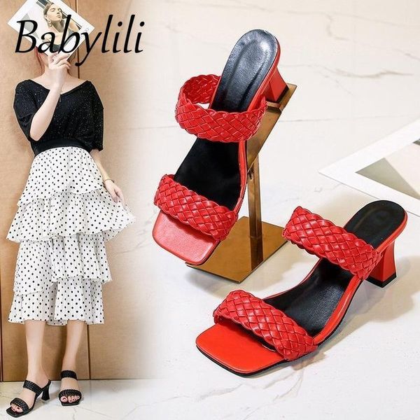 

slippers summer women soft pu high heels for female outdoor slides square head weave lady roman shoes elegant large size 431, Black
