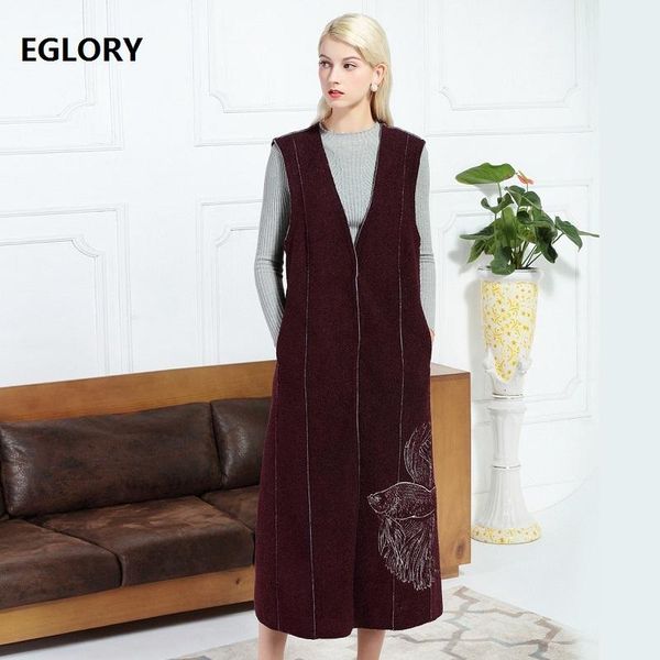 

women's wool & blends 2021 winter long vest jackets women v-neck covered button golden fish embroidery sleeveless jacket outwear, Black