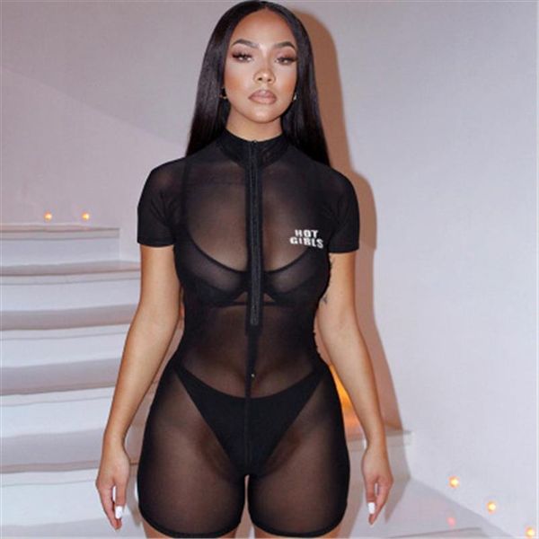 

reflective letter black mesh fitted romper women playsuit see through zipper bodycon jumpsuit short summer 2021, Black;white