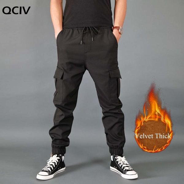 

new winter men pants thick fleece joggers multi pocket loose sport trousers male casual warm sweatpants cargo pants, Black