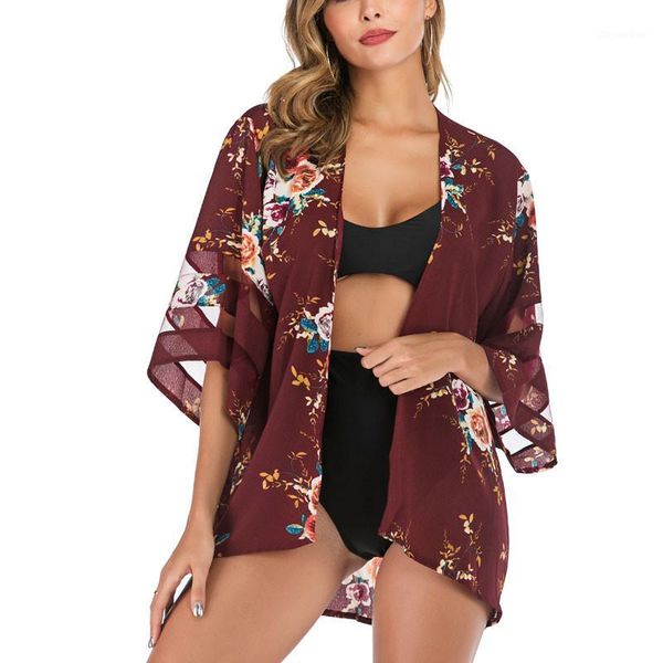 

2020 women's printed sunscreen cardigan beach sunscreen mesh stitching shawl summer beach wear1, White;black