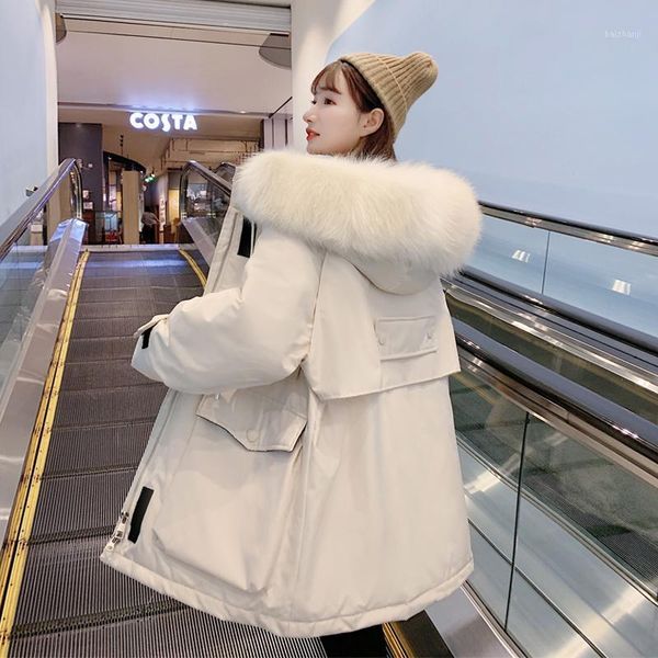 

kmetram winter jacket women faux fur collar warm parka women clothes 2019 korean long jacket coat manteau femme 9881, Black