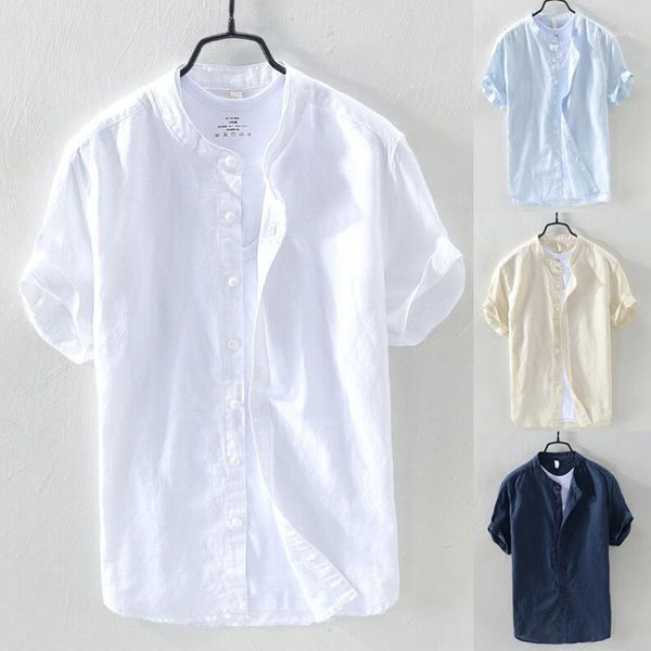 

newly men baggy cotton linen solid short sleeve button down shirts for summer fif661, White;black
