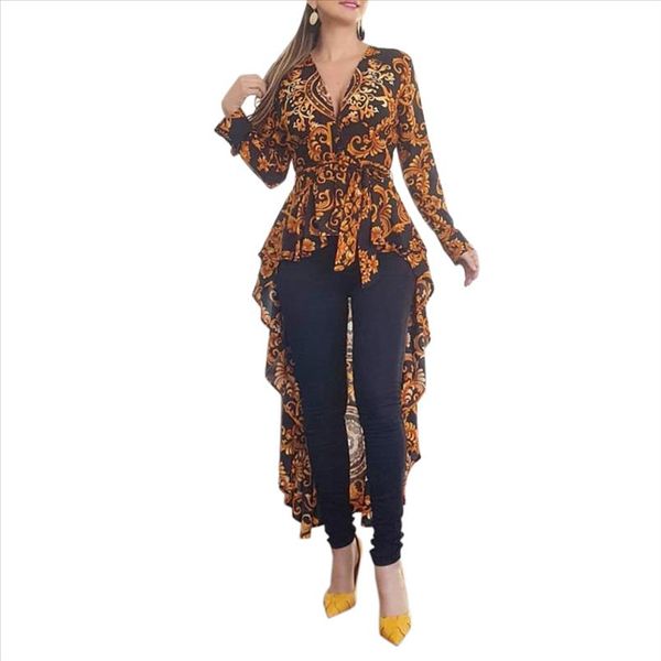 

2021 fall women elegant blusas boho vintage v neck long female stylish casual shirt baroque print long sleeve hem blouse d30, White