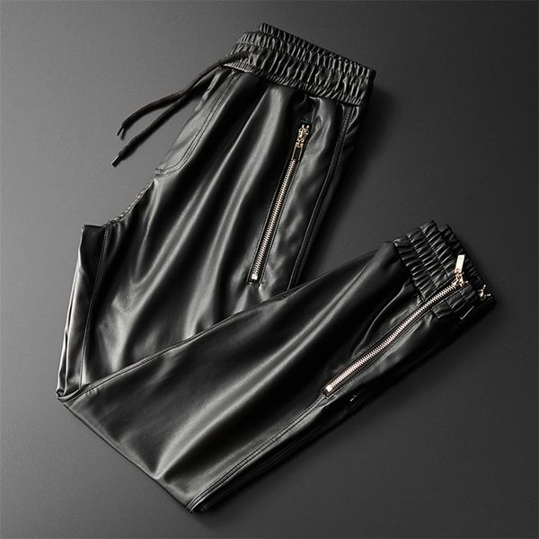 

thoshine brand men leather pants superior quality elastic waist jogger pants zipper pockets faux leather trousers pencil pants 201126, Black