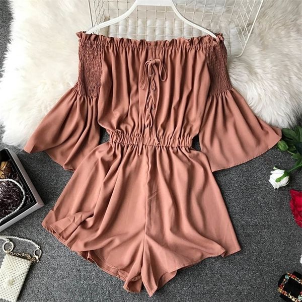 

fashion lace up off shoulder jumpsuit casual women flare sleeve short summer solid slash neck playsuit beach holiday romper y200422, Black;white