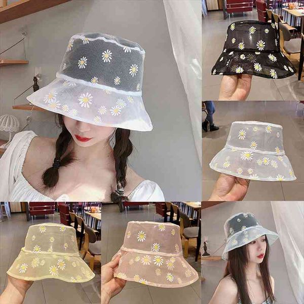 

gauze fisherman hat lady summer small fresh thin breathable daisy flower sun hats outdoor sun shade basin cap bucket hat, Blue;gray
