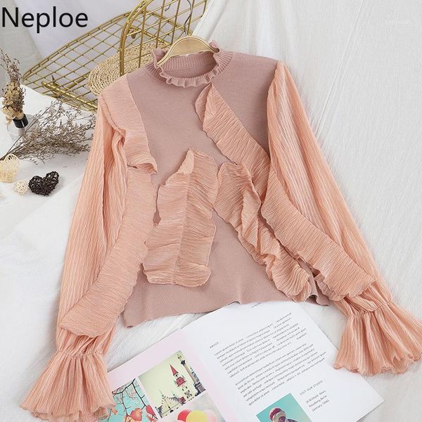 

women's sweaters neploe fashion irregular ruffles patchwork chiffon shirt o neck flare long sleeve blusas autumn spring knit patch 4830, White;black