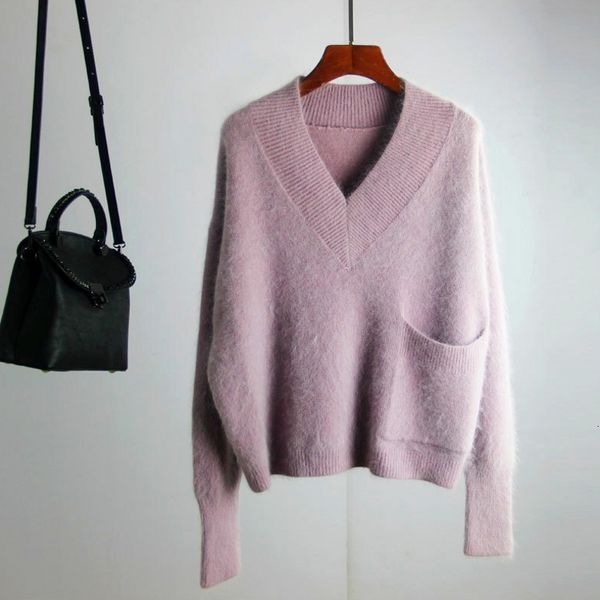 

2021 new mink cashmere mohair pullover sweater women autumn winter big pockets v-neck batwing sleeve loose jumper pull femme hiver fjlg, Black;gray
