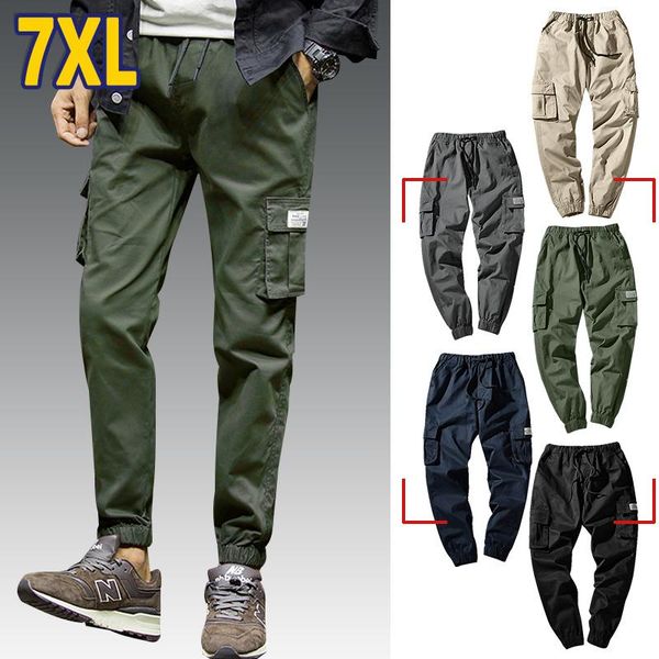 

7xl cargo pants men quality cotton pencil pants male washed slim fit mens trousers korean brand muls plus size casual pant, Black