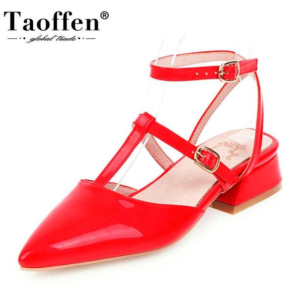 

dress shoes taoffen plus size 33-48 pointed toe women sandals ankle strap buckle square heel western casual footwear, Black