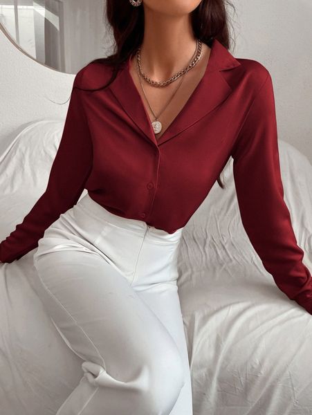 

solid button front blouse e4jo#, White