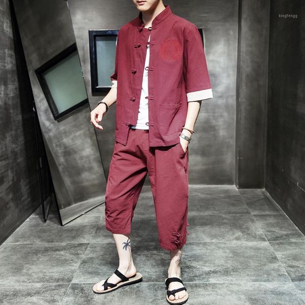 

4 colors half sleeve linen shirts+ cropped pants two pieces tracksuit men plus size -5xl summer streetwear vintage clothing man1, Gray