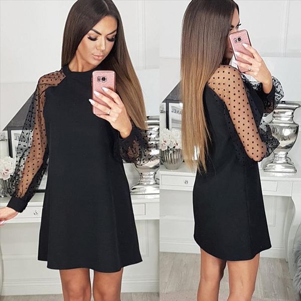 

elegant women dress black round neck mesh sleeve polka dot patchwork black summer party dress drop shipping, Black;gray