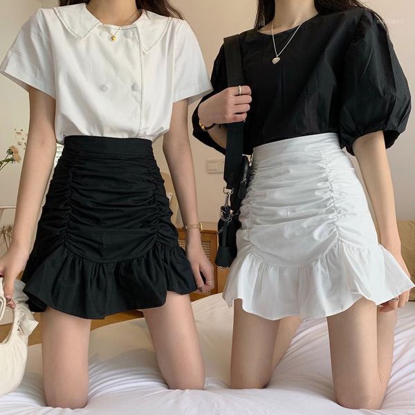 

high waist slim fishtail skirts female spring autumn new a-line ruffles white mini skirt korean fashion clothing sweet style ins1, Black