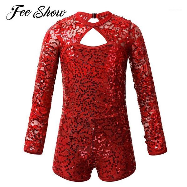 

kids girls long sleeve keyhole back ballet dance costume shiny sequins lace gymnastics leotard jumpsuit biketard stage dancewear1, Black;red