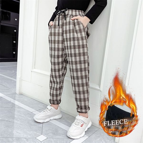 Teenager Mädchen Hosen 2020 Winter Plaid Hosen Fleece Dicke Casual Retro Kinder Harem Hosen Schule Kinder Hosen 8 10 12 Jahre LJ201019