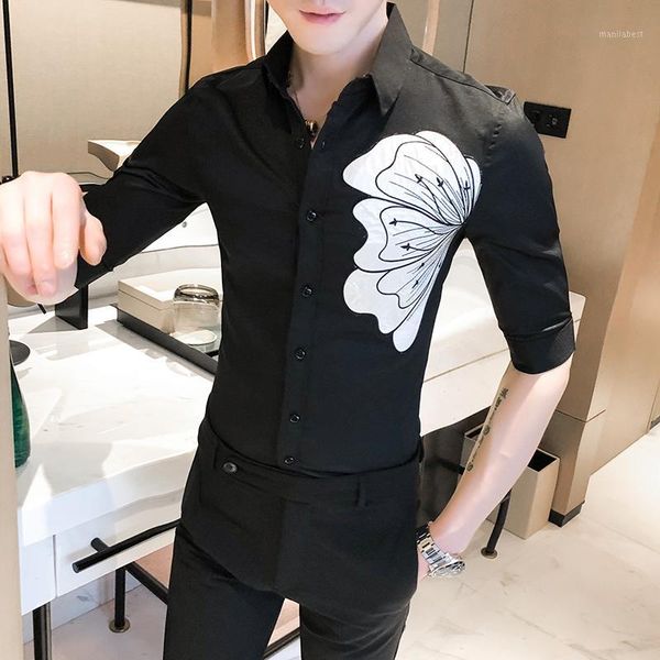 

2020 summer men shirt british style embroidered business casual shirt half sleeve slim social streetwear camisas para hombre1, White;black