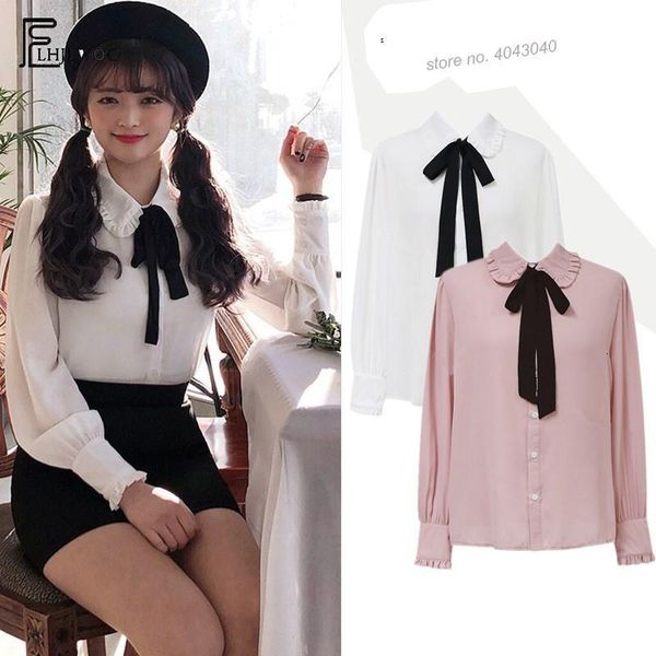 

autumn basic shirts blouses women vintage long sleeve korea cute sweet peter pan collar pink bow tie button shirt 130, White