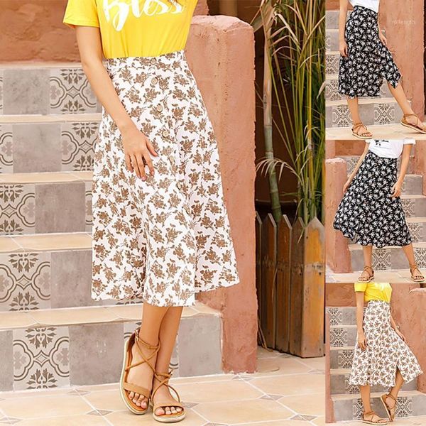 

new ladies skirts knee length cotton fashion women casual print button mid-length irregular skirt a-line skirt dropship z1, Black