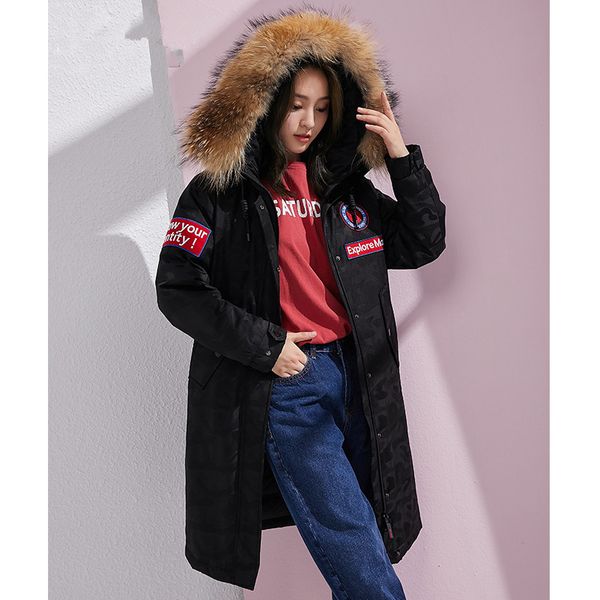 

goose canada jacket woman hooded down korean coats winter coat women raccoon fur collar sport parka canada parkas mujer 2021 wom, Black