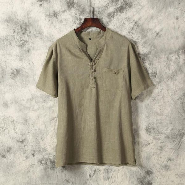 

vogue men's summer ethnic style cotton linen pure color short sleeve shirts linen shirt male1, White;black