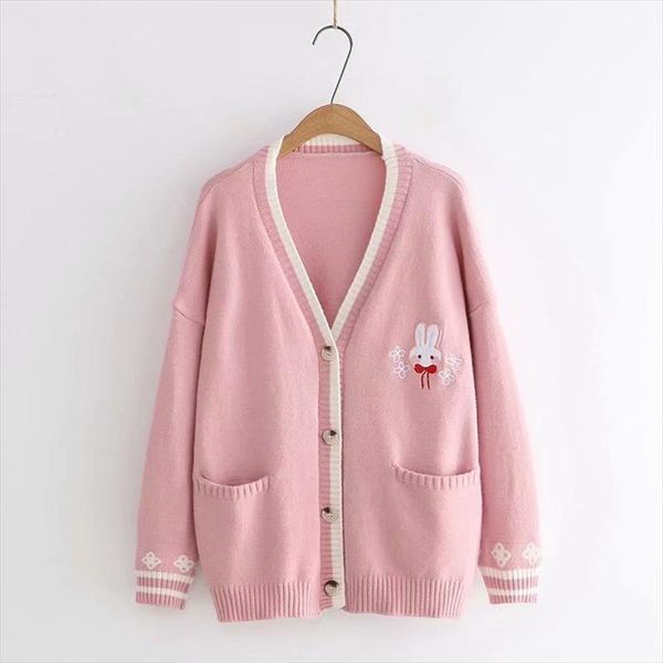 

new autumn korean mori girl sweet lolita cute bunny embroidery knitted sweater japanese women long sleeve cardigan coat knitwear, White;black