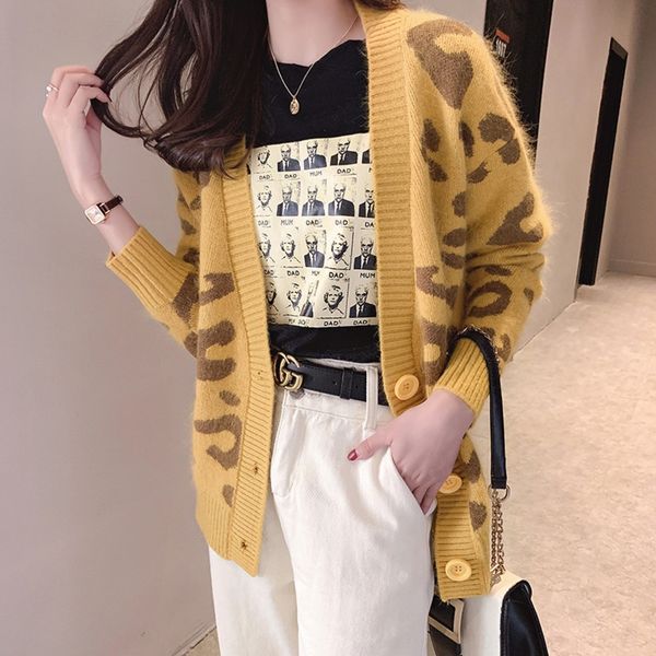 

qviox fall 2020 топа томного кардиган корейского свободный knitwearprint трикотаж трикотаж top леопард свитер стиль женщин над новой модой 4, White;black